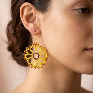 Yellow and Brown Beaded Flower Earrings